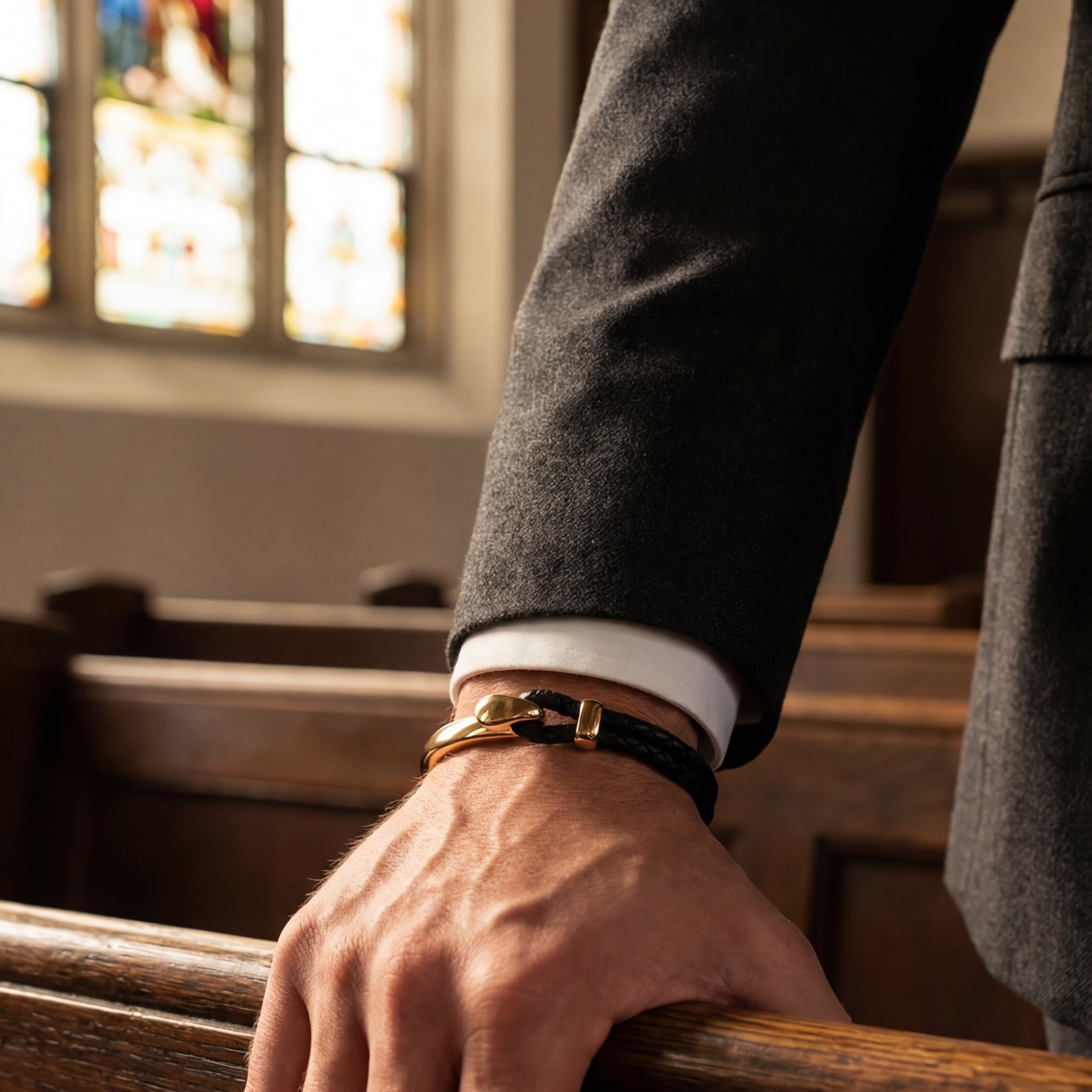 Person wearing a suit and bracelets, leaning on wooden pews with stained glass in the background